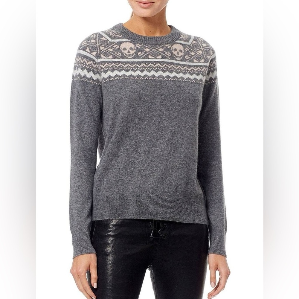 Skull Cashmere Grey Miley Fair Isle Skull Cashmere Sweater, Small